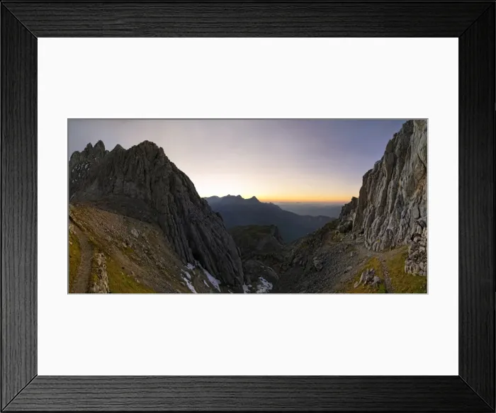 Framed Print : Panoramic view as seen from Toerlgatterl, Meilerhuette mountain lodge, looking towards Zugspitze mountain and Alpspitze mountain at sunset, Garmisch-Partenkirchen, Wetterstein mountain range, Bavaria, Germany, Europe Framed Print : Panoramic view as seen from Toerlgatterl, Meilerhuette mountain lodge, looking towards Zugspitze mountain and Alpspitze mountain at sunset, Garmisch-Partenkirchen, Wetterstein mountain range, Bavaria, Germany, Europe