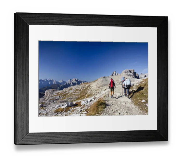 Framed Print : Hikers on the Buellelejoch Pass during the ascent to Paternkofel Mountain, looking towards Paternkofel Mountain, the Three Peaks and the Cadini Group, Sesto, Alta Pusteria, Dolomites, Alto Adige, Italy, Europe Framed Print : Hikers on the Buellelejoch Pass during the ascent to Paternkofel Mountain, looking towards Paternkofel Mountain, the Three Peaks and the Cadini Group, Sesto, Alta Pusteria, Dolomites, Alto Adige, Italy, Europe