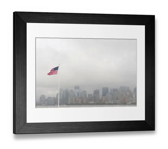 Framed Print : American national flag, view from Ellis Island towards the skyline of Manhattan in the fog, New York, USA, North America Framed Print : American national flag, view from Ellis Island towards the skyline of Manhattan in the fog, New York, USA, North America
