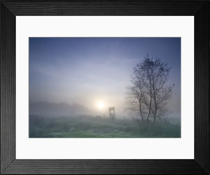 Framed Print : Early morning mist in the moorland in Floegeln, Lower Saxony, Germany, Europe Framed Print : Early morning mist in the moorland in Floegeln, Lower Saxony, Germany, Europe