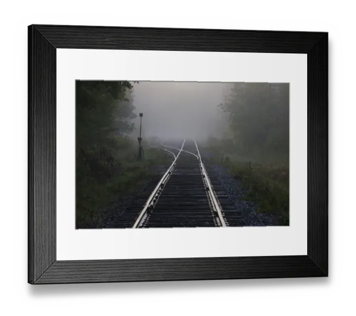 Framed Print : Railway tracks in early morning mist, Foster, Quebec, Canada Framed Print : Railway tracks in early morning mist, Foster, Quebec, Canada