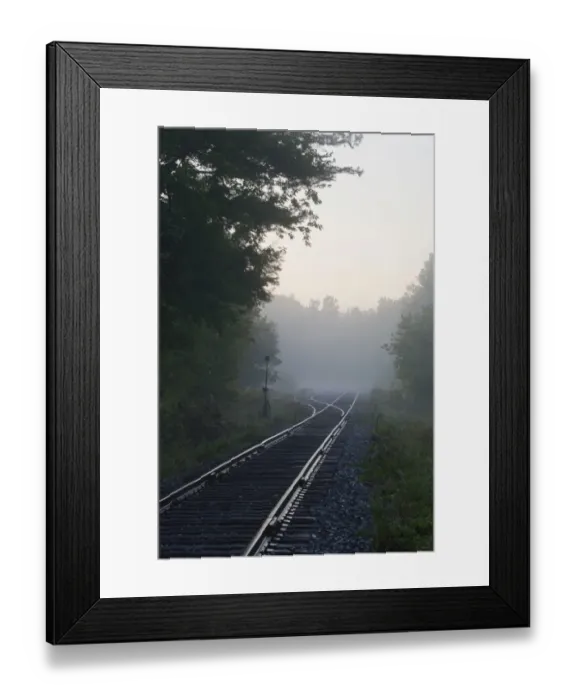 Framed Print : Railway tracks in early morning mist, Foster, Quebec, Canada Framed Print : Railway tracks in early morning mist, Foster, Quebec, Canada