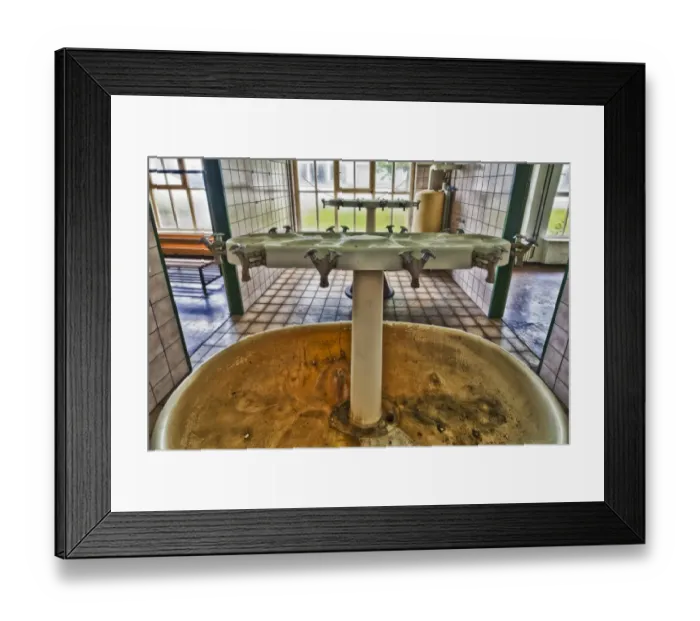 Framed Print : Old washroom in an abandoned factory before its demolition, Laupheim, Baden-Wuerttemberg, Germany, Europe
