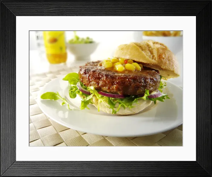 Framed Print : Beef burgers, hamburgers, in rolls with lettuce and garnish Framed Print : Beef burgers, hamburgers, in rolls with lettuce and garnish