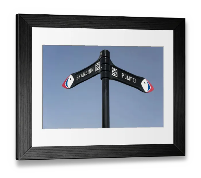 Framed Print : Signposts Pompei and Skansinn, town of Vestmannaeyjar, Heimaey Island, Westman Islands, south Iceland or Suourland, Iceland, Europe Framed Print : Signposts Pompei and Skansinn, town of Vestmannaeyjar, Heimaey Island, Westman Islands, south Iceland or Suourland, Iceland, Europe