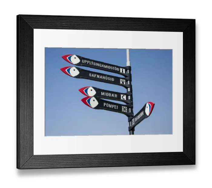 Framed Print : Signposts in the town of Vestmannaeyjar, Heimaey Island, Westman Islands, South Iceland or Suourland, Iceland, Europe Framed Print : Signposts in the town of Vestmannaeyjar, Heimaey Island, Westman Islands, South Iceland or Suourland, Iceland, Europe