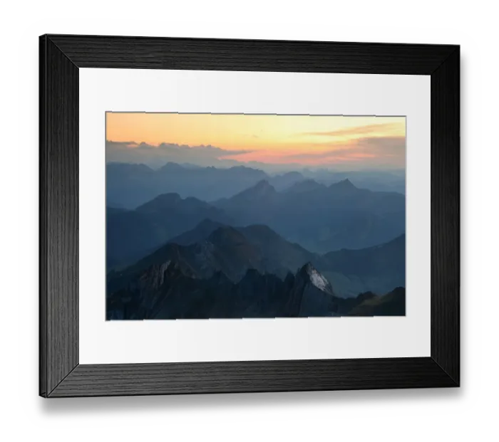 Framed Print : Sunset overlooking the Swiss Alps in eastern Switzerland, from Mt Saentis in the Alpstein Range, Switzerland, Europe Framed Print : Sunset overlooking the Swiss Alps in eastern Switzerland, from Mt Saentis in the Alpstein Range, Switzerland, Europe