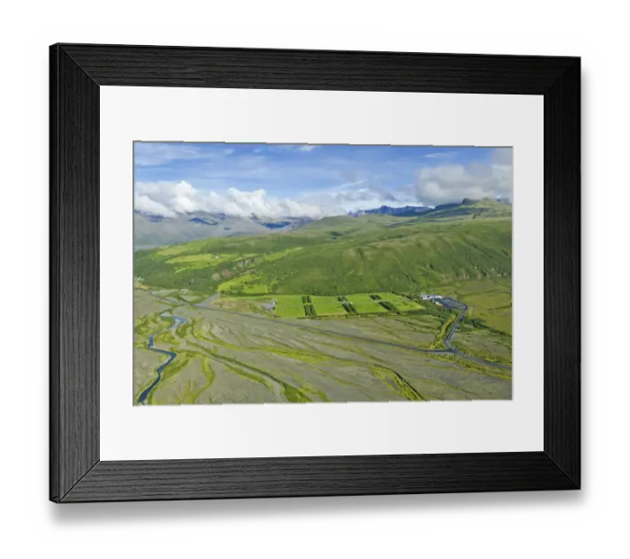 Framed Print : Aerial view of Skaftafell National Park, with a campsite at the front, Southern Region, Iceland Framed Print : Aerial view of Skaftafell National Park, with a campsite at the front, Southern Region, Iceland