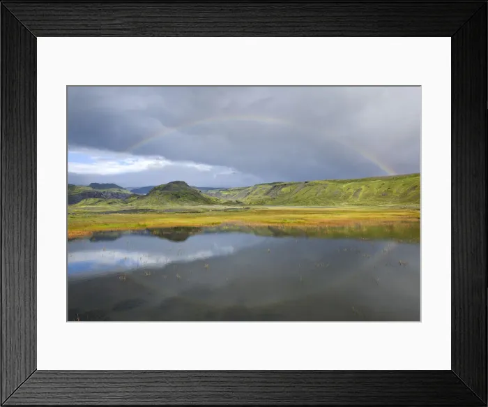 Framed Print : Rainbow over a small lake near Soelheimajoekulsvegur, Iceland Framed Print : Rainbow over a small lake near Soelheimajoekulsvegur, Iceland