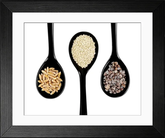 Framed Print : Black japanese style spoons with kamut wheat, quinoa, buckwheat