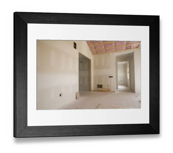 Framed Print : Unfinished room and bathroom in a residential home, Quebec, Canada Framed Print : Unfinished room and bathroom in a residential home, Quebec, Canada