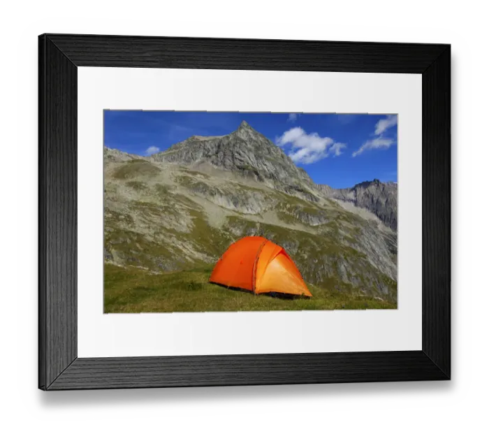 Framed Print : Orange-coloured mountain tent below the summit of Wiwanni Mountain in the Pennine Alps, Valais, Switzerland, Europe Framed Print : Orange-coloured mountain tent below the summit of Wiwanni Mountain in the Pennine Alps, Valais, Switzerland, Europe
