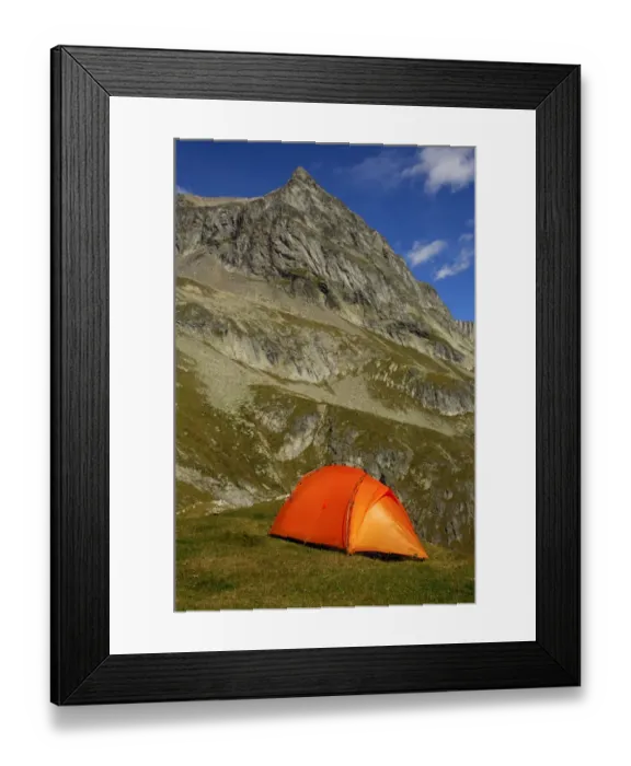 Framed Print : Orange-coloured mountain tent below the summit of Wiwanni Mountain in the Pennine Alps, Valais, Switzerland, Europe Framed Print : Orange-coloured mountain tent below the summit of Wiwanni Mountain in the Pennine Alps, Valais, Switzerland, Europe