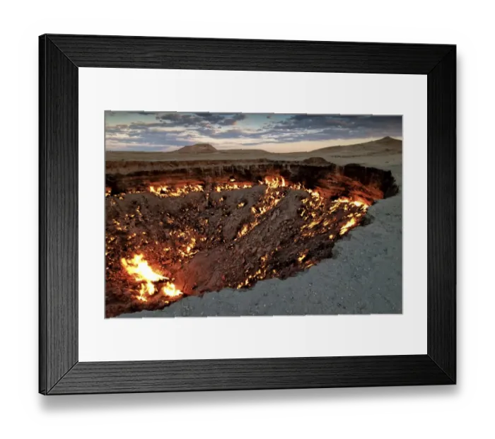 Framed Print : Fire crater, gas crater, Door to Hell Darvaza crater, Derweze or Darvaza, Karakum Desert, Dasoguz Province, Turkmenistan Framed Print : Fire crater, gas crater, Door to Hell Darvaza crater, Derweze or Darvaza, Karakum Desert, Dasoguz Province, Turkmenistan