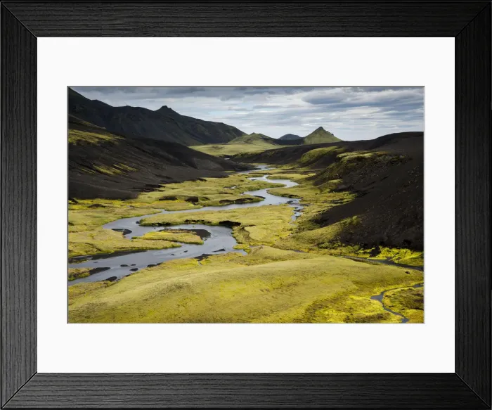 Framed Print : Stream with moss-covered mountains, landscape near Maelifell, Highland, Iceland, Europe Framed Print : Stream with moss-covered mountains, landscape near Maelifell, Highland, Iceland, Europe