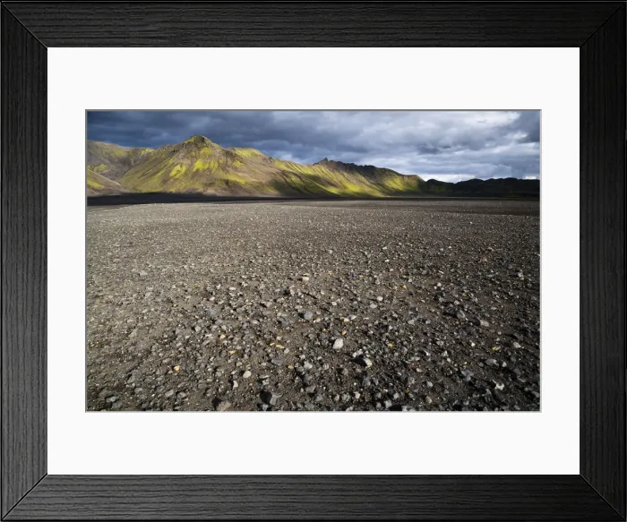 Framed Print : Moss-covered mountains and a lava desert, landscape near Lake Langisjor, Highland, Iceland, Europe