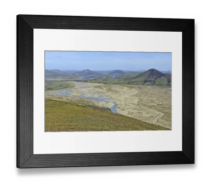 Framed Print : View from Suournamur Mountain over a river landscape with an alluvial fan, Landmannalaugar, Southern Region, Iceland Framed Print : View from Suournamur Mountain over a river landscape with an alluvial fan, Landmannalaugar, Southern Region, Iceland