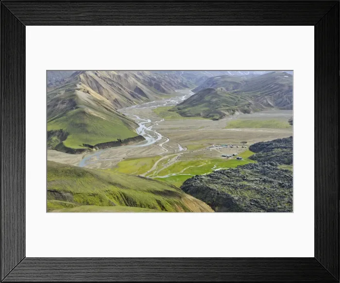 Framed Print : View from Suournamur Mountain over the Laugahraun lava field with cabins and a camping site, Landmannalaugar, Southern Region, Iceland Framed Print : View from Suournamur Mountain over the Laugahraun lava field with cabins and a camping site, Landmannalaugar, Southern Region, Iceland