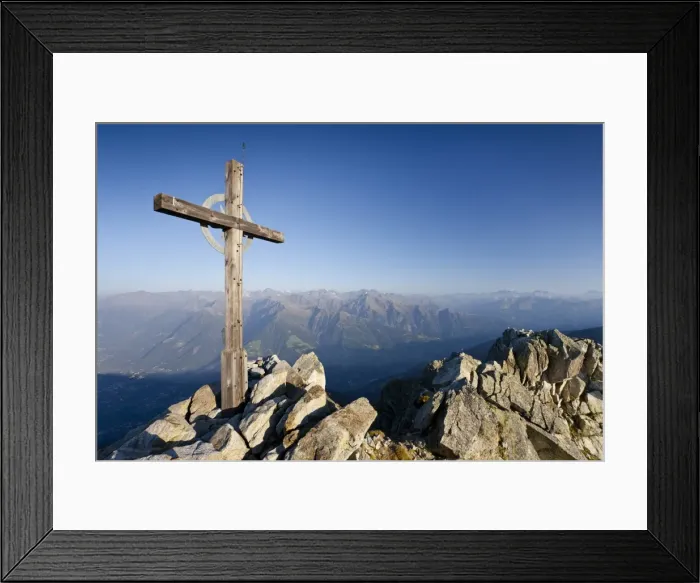 Framed Print : Summit cross on Ifinger Mountain above Merano with a view into the Passaiertal Valley, 2000 Merano, Alto Adige, Italy, Europe Framed Print : Summit cross on Ifinger Mountain above Merano with a view into the Passaiertal Valley, 2000 Merano, Alto Adige, Italy, Europe