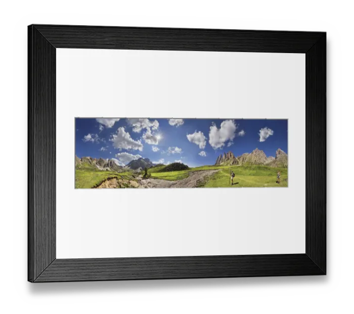 Framed Print : 360 panoramic view of the Geisler Mountains, two hikers walking near Mittagsscharte gorge, Puez-Geisler Nature Park, province of Bolzano-Bozen, Italy, Europe Framed Print : 360 panoramic view of the Geisler Mountains, two hikers walking near Mittagsscharte gorge, Puez-Geisler Nature Park, province of Bolzano-Bozen, Italy, Europe