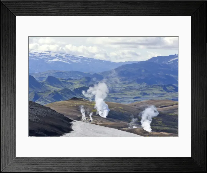 Framed Print : View from the Mt Hrafntinnusker or Raven Mountain across hot springs to Myrdalsjokull galcier, Hrafntinnusker, Landmannalaugar, Iceland Framed Print : View from the Mt Hrafntinnusker or Raven Mountain across hot springs to Myrdalsjokull galcier, Hrafntinnusker, Landmannalaugar, Iceland