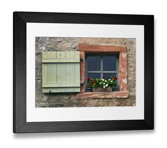 Framed Print : Window with shutters and geraniums, Eberbach, Hesse, Germany, Europe Framed Print : Window with shutters and geraniums, Eberbach, Hesse, Germany, Europe