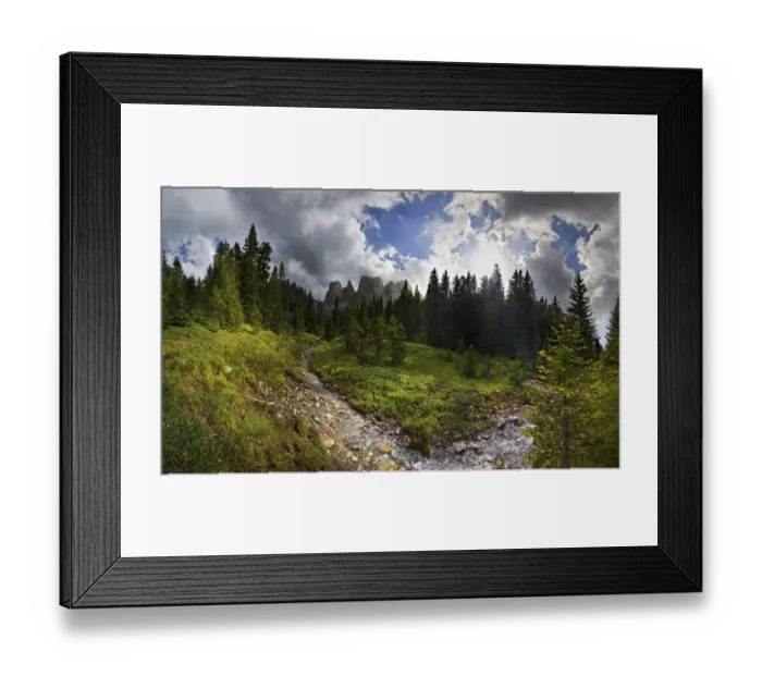 Framed Print : Mountain forest with a small creek, Geisler Group, Odle Mountains at Ranui, Santa Maddalena, Villnoess or Funes Valley, Dolomites, South Tyrol, Italy, Europe Framed Print : Mountain forest with a small creek, Geisler Group, Odle Mountains at Ranui, Santa Maddalena, Villnoess or Funes Valley, Dolomites, South Tyrol, Italy, Europe