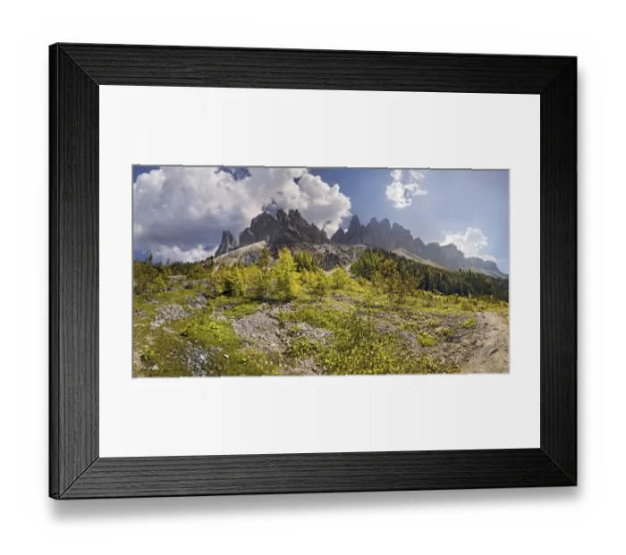 Framed Print : Panoramic view at the Adolf Munkel trail in the Geisler Group, Odle Mountains, Villnoess or Funes Valley, Dolomites, South Tyrol, Italy, Europe