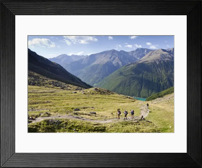 Framed Print : Hikers ascending to the Similaun Hut, Schnalstal Valley through Tisental Valley, with th Vernagt Reservoir below, Alto Adige, Italy, Europe Framed Print : Hikers ascending to the Similaun Hut, Schnalstal Valley through Tisental Valley, with th Vernagt Reservoir below, Alto Adige, Italy, Europe