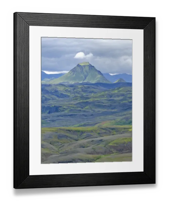 Framed Print : View from Mt Eggjar across the Emstrur lava desert to Hattafell, on the long-distance hiking trail from Skogar via Fimmvorouhals to the Thorsmork mountain ridge, Porsmork, Iceland