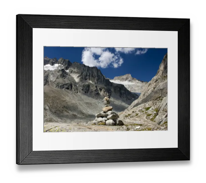 Framed Print : Cairn in Baechlital valley in front of Gross Diamentstock Mountain and Baechli Glacier, Bernese Alps, Switzerland, Europe Framed Print : Cairn in Baechlital valley in front of Gross Diamentstock Mountain and Baechli Glacier, Bernese Alps, Switzerland, Europe