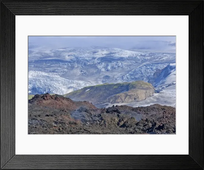 Framed Print : View across new lava fields created by a volcanic eruption in 2010 to the Myrdalsjokull glacier, at the long-distance hiking trail from Skogar via Fimmvorouhals to the Thorsmork mountain ridge, Porsmork, Iceland Framed Print : View across new lava fields created by a volcanic eruption in 2010 to the Myrdalsjokull glacier, at the long-distance hiking trail from Skogar via Fimmvorouhals to the Thorsmork mountain ridge, Porsmork, Iceland