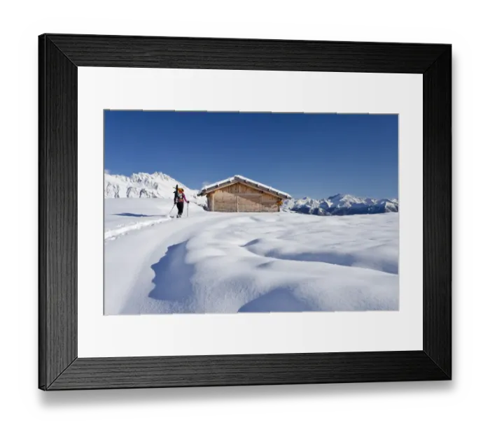 Framed Print : Snowshoer ascending to Jagelealm alpine pasture in Ridnauntal Valley above Entholz, looking towards Rosskopf Mountain, Alto Adige, Italy, Europe Framed Print : Snowshoer ascending to Jagelealm alpine pasture in Ridnauntal Valley above Entholz, looking towards Rosskopf Mountain, Alto Adige, Italy, Europe