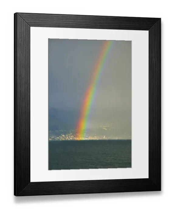 Framed Print : Rainbow on the shore at Lausanne, Switzerland, from France, Lake Geneva, Lac Leman, Evian-les-Bains, Haute-Savoie, Rhone-Alpes, France