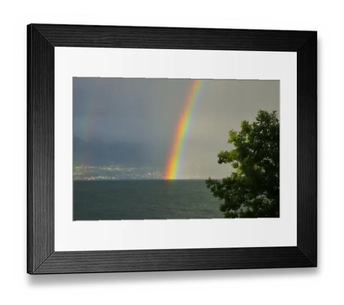 Framed Print : Rainbow on the shore at Lausanne, Switzerland, from France, Lake Geneva, Lac Leman, Evian-les-Bains, Haute-Savoie, Rhone-Alpes, France Framed Print : Rainbow on the shore at Lausanne, Switzerland, from France, Lake Geneva, Lac Leman, Evian-les-Bains, Haute-Savoie, Rhone-Alpes, France
