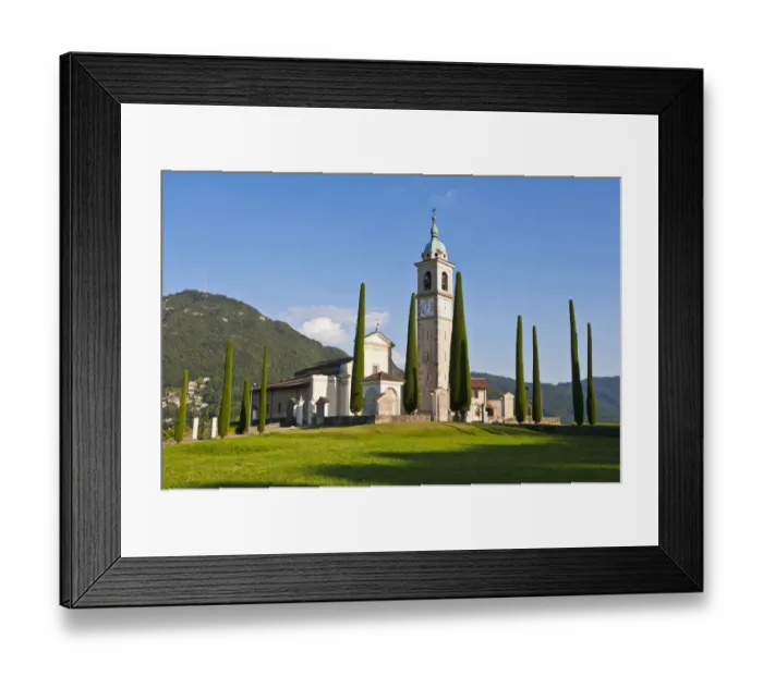 Framed Print : Cypress -Cupressus- trees, Church of Sant Abbondio in Gentilino, near Montagnola, Lugano, Ticino, Switzerland, Europe
