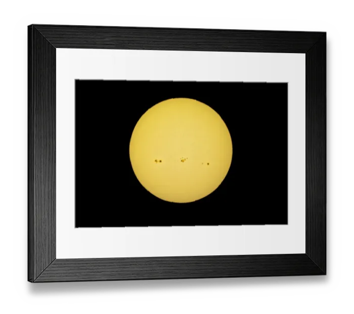 Framed Print : Sun with solar spots in the white light, yellow filter Framed Print : Sun with solar spots in the white light, yellow filter