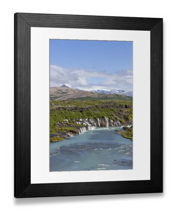 Framed Print : Hraunfossar, Ok Glacier at back, Husarfell, Iceland, Europe Framed Print : Hraunfossar, Ok Glacier at back, Husarfell, Iceland, Europe