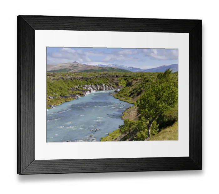 Framed Print : Hraunfossar, Ok Glacier at back, Husarfell, Iceland, Europe Framed Print : Hraunfossar, Ok Glacier at back, Husarfell, Iceland, Europe