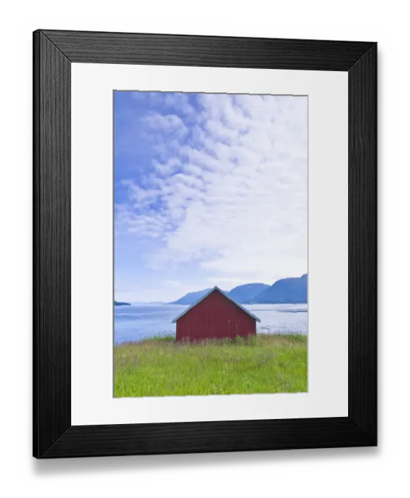 Framed Print : Boathouse on a Norwegian fjord, Norway, Europe Framed Print : Boathouse on a Norwegian fjord, Norway, Europe