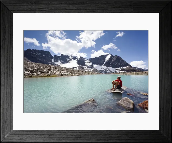 Framed Print : Hiker taking a break at the lake below Mt Tschenglser Hochwand or Croda di Cengles, above the Duesseldorfhuette or Rifugio Serristori in Sulden, Solda, Mt Vertainspitze or Cima Vertana and Mt Hoher Angelus or LAngelo Grande in the back, Suldental or Val Framed Print : Hiker taking a break at the lake below Mt Tschenglser Hochwand or Croda di Cengles, above the Duesseldorfhuette or Rifugio Serristori in Sulden, Solda, Mt Vertainspitze or Cima Vertana and Mt Hoher Angelus or LAngelo Grande in the back, Suldental or Val