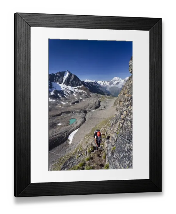 Framed Print : Hiker ascending Mt Tschenglser Hochwand or Croda di Cengles over the via ferrata, above the Duesseldorfhuette or Rifugio Serristori in Sulden, Solda, Mt Vertainspitze or Cima Vertana, Mt Koenigsspitze or Gran Zebru and Mt Zebru in the back, Suldental or Framed Print : Hiker ascending Mt Tschenglser Hochwand or Croda di Cengles over the via ferrata, above the Duesseldorfhuette or Rifugio Serristori in Sulden, Solda, Mt Vertainspitze or Cima Vertana, Mt Koenigsspitze or Gran Zebru and Mt Zebru in the back, Suldental or