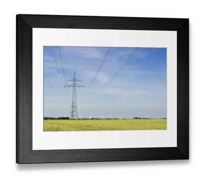 Framed Print : Grid connection and electricity feed-in of onshore wind energy, 110 kV high-voltage electricity line in the Gotteskoog polder near Niebuell, a wind farm at the back, district of North Frisia, Schleswig-Holstein, Germany, Europe Framed Print : Grid connection and electricity feed-in of onshore wind energy, 110 kV high-voltage electricity line in the Gotteskoog polder near Niebuell, a wind farm at the back, district of North Frisia, Schleswig-Holstein, Germany, Europe