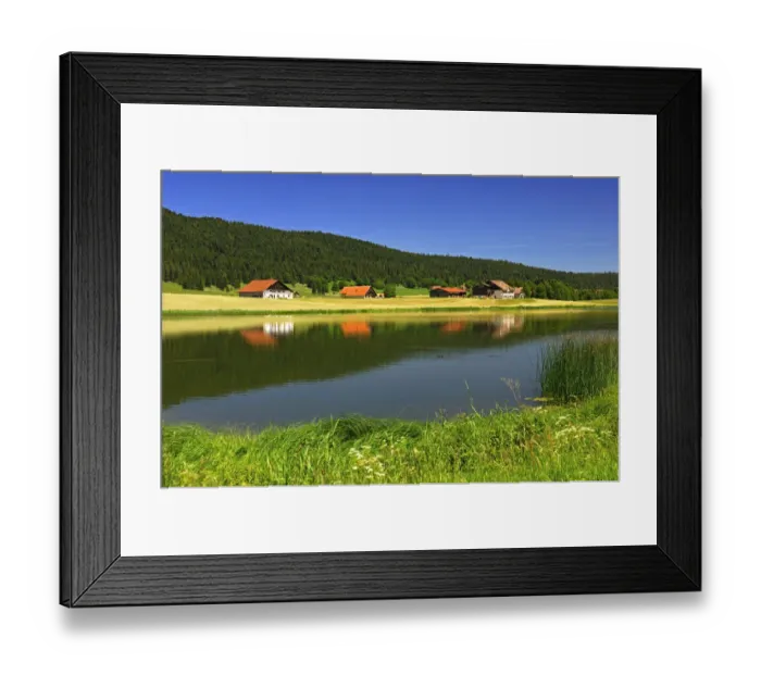 Framed Print : Farmhouses in the Les Tallieres settlement at the Lac des Tailleres, Vallee de la Brevine, high valley, Neuchatel Jura mountains, Switzerland, Europe Framed Print : Farmhouses in the Les Tallieres settlement at the Lac des Tailleres, Vallee de la Brevine, high valley, Neuchatel Jura mountains, Switzerland, Europe