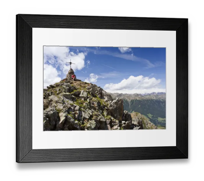 Framed Print : Hiker on the summit of Spitzen Kornigls Mountain, overlooking the Val dUltimo, Ultimo, Alto Adige, Italy, Europe Framed Print : Hiker on the summit of Spitzen Kornigls Mountain, overlooking the Val dUltimo, Ultimo, Alto Adige, Italy, Europe
