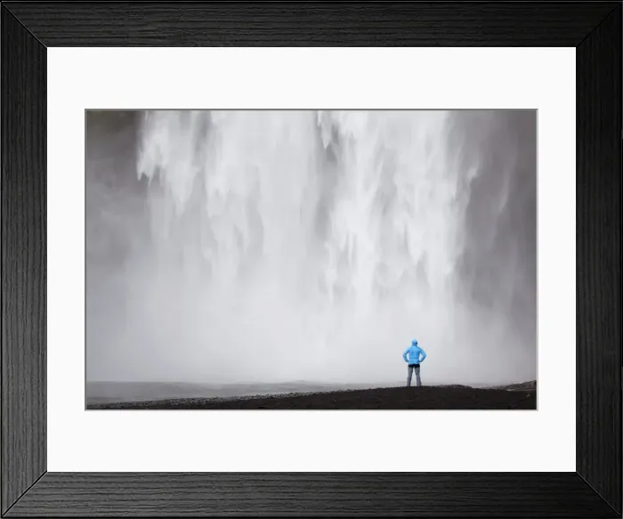 Framed Print : Skogafoss waterfall with a hiker, Skogar, South Iceland, Iceland, Europe Framed Print : Skogafoss waterfall with a hiker, Skogar, South Iceland, Iceland, Europe
