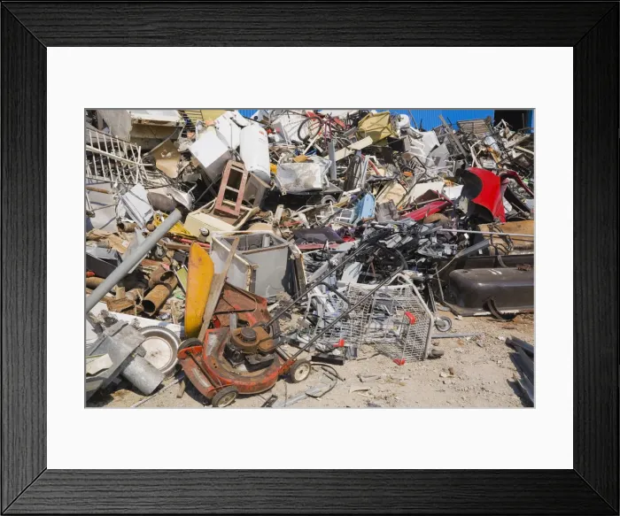 Framed Print : Pile of discarded household and industrial items at a scrap metal recycling centre, Quebec, Canada Framed Print : Pile of discarded household and industrial items at a scrap metal recycling centre, Quebec, Canada
