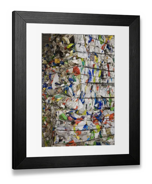 Framed Print : Bales of recyclable plastic containers at a sorting centre, Quebec, Canada Framed Print : Bales of recyclable plastic containers at a sorting centre, Quebec, Canada