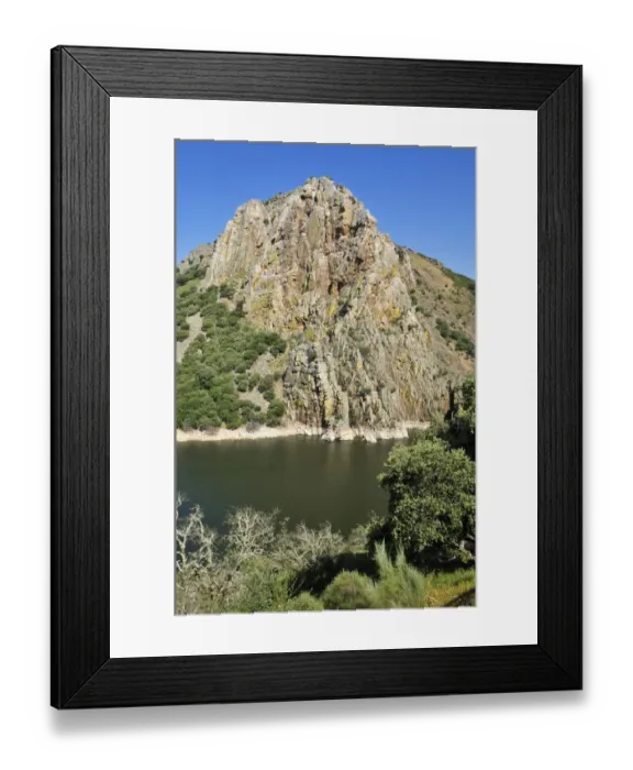 Framed Print : Famous bird rock Pena Falcon on Tajo river, Parque Nacional de Monfraguee National Park, Extremadura, Spain, Europe Framed Print : Famous bird rock Pena Falcon on Tajo river, Parque Nacional de Monfraguee National Park, Extremadura, Spain, Europe