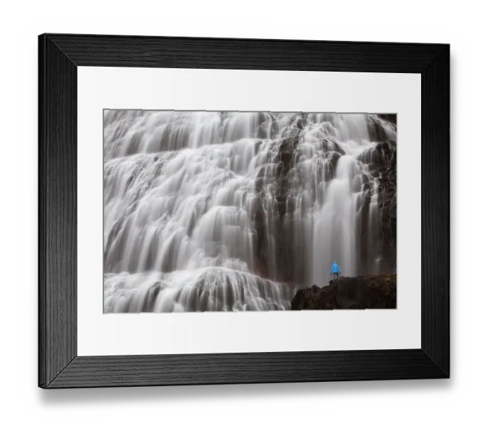 Framed Print : Hiker in front of the Dynjandi waterfall, Fjallfoss, West Fjords, Iceland, Europe Framed Print : Hiker in front of the Dynjandi waterfall, Fjallfoss, West Fjords, Iceland, Europe